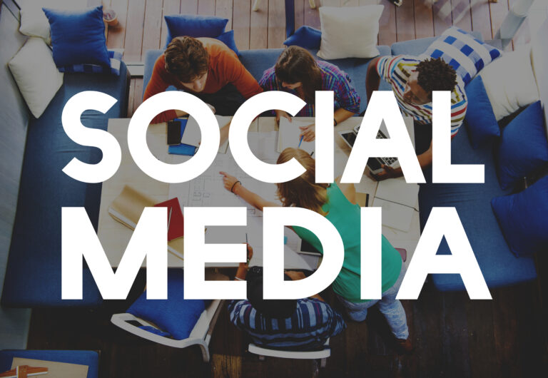 Social media text on casual group of people meeting